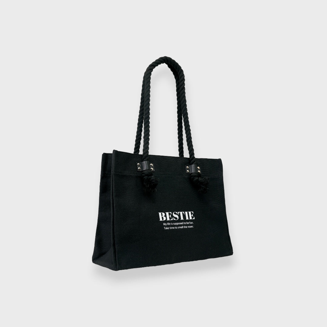 LADIES CANVAS ROPE HANDLE TOTE BAG BLACK