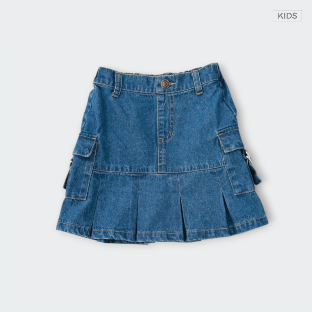 Kids กระโปรงเด็กยีนส์พลีท กระเป๋าคาร์โก้ น่ารักใส่สบาย