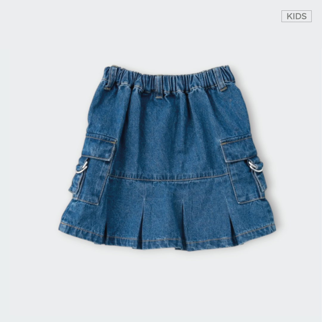 Kids กระโปรงเด็กยีนส์พลีท กระเป๋าคาร์โก้ น่ารักใส่สบาย