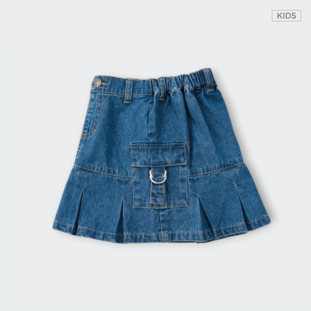 Kids กระโปรงเด็กยีนส์พลีท กระเป๋าคาร์โก้ น่ารักใส่สบาย