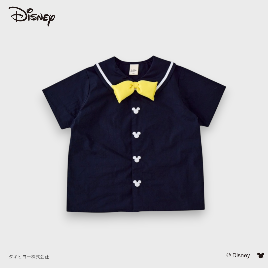 **KIDS DISNEY MICKEY MOUSE SAILOR SHIRT – NAVY BUTTON-UP TOP WITH YELLOW BOW DETAIL** (90CM-100CM)