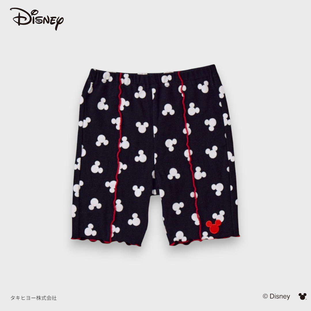 KIDS DISNEY MICKEY MOUSE BIKER SHORTS – BLACK RIBBED ALL-OVER PRINT SHORT LEGGINGS WITH RED TRIM (90CM-100CM)
