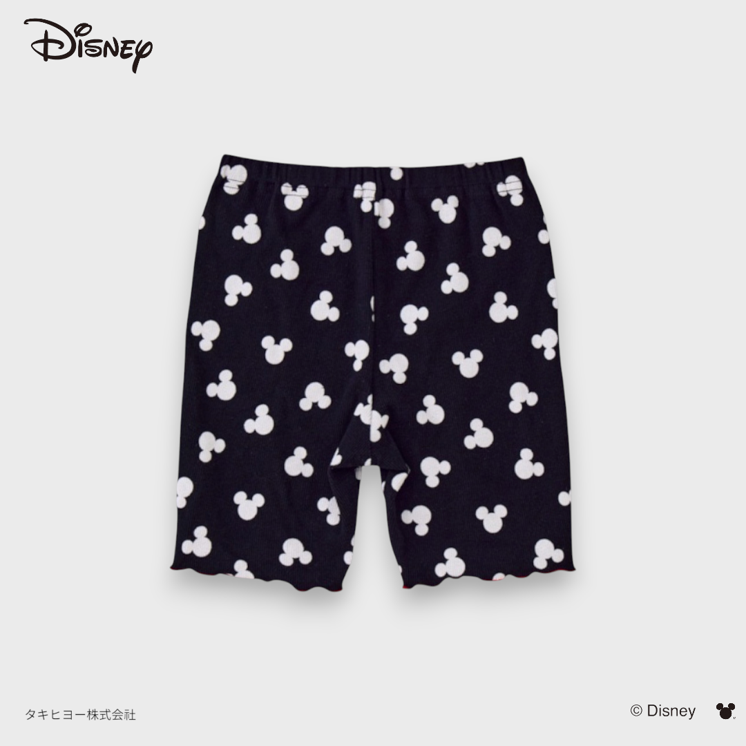 KIDS DISNEY MICKEY MOUSE BIKER SHORTS – BLACK RIBBED ALL-OVER PRINT SHORT LEGGINGS WITH RED TRIM (90CM-100CM)
