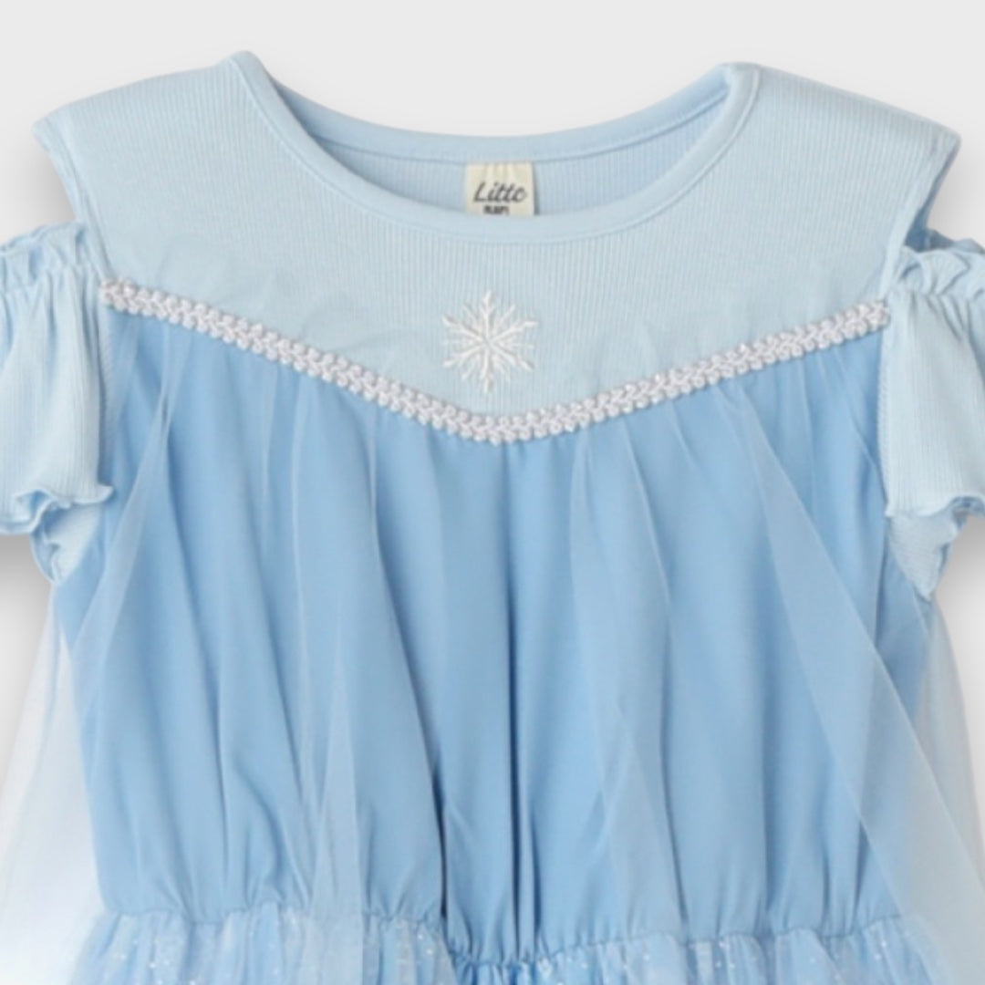 KIDS DISNEY ELSA PRINCESS DRESS – ICE BLUE FAIRYTALE PARTY DRESS WITH SPARKLE TULLE SKIRT (90CM-100CM)