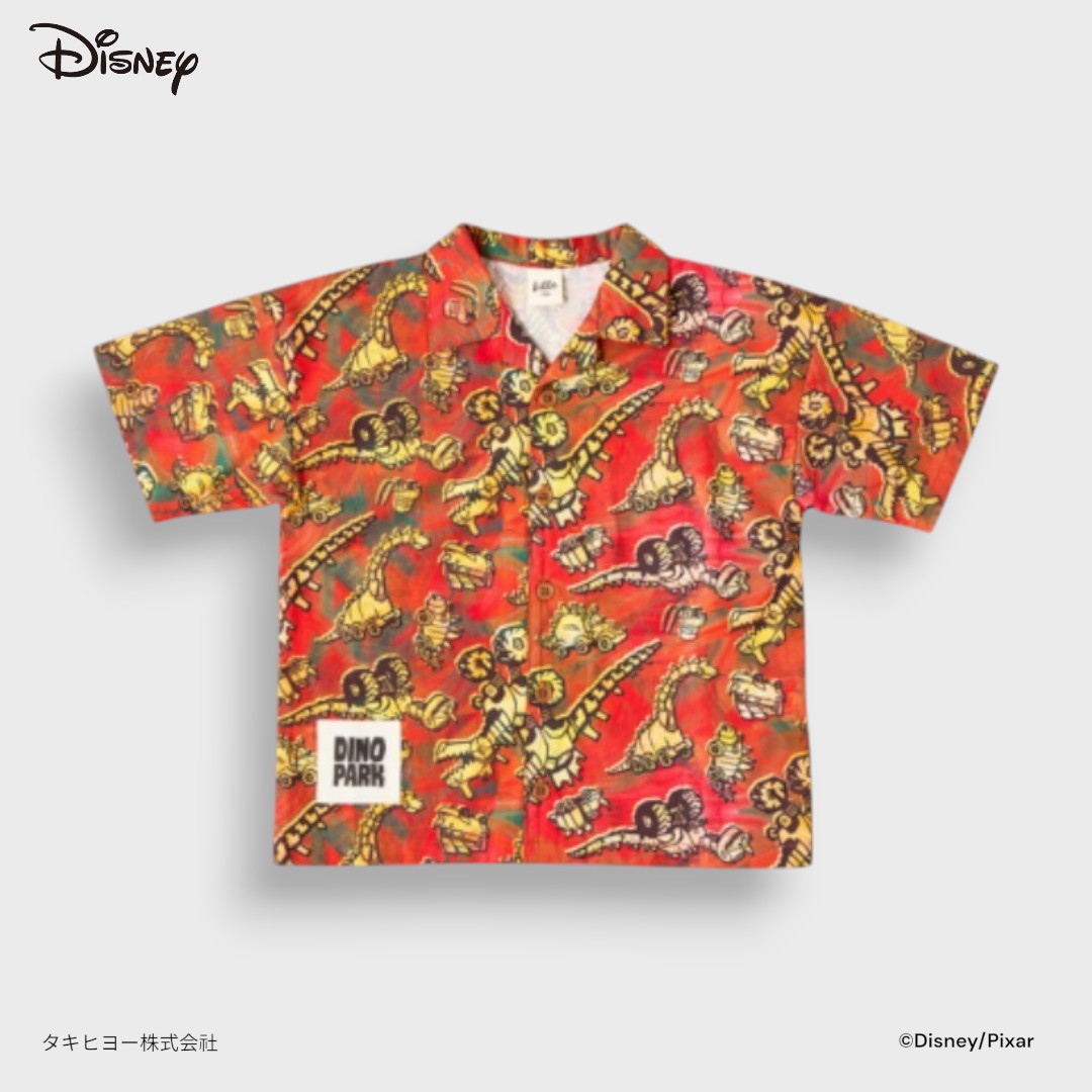 Kids (Size 110-130) Kids Disney Pixar Dino Park Hawaiian Shirt – Orange All-Over Dinosaur Print Button-Up Top