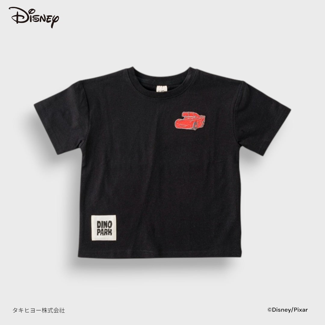 Kids (Size110-130) Disney Pixar Cars Dino Park T-Shirt – Black Graphic Tee with Lightning McQueen Poster Back Print