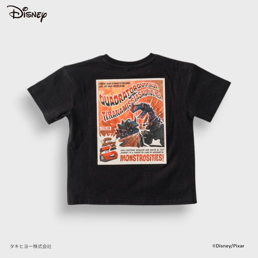Kids (Size110-130) Disney Pixar Cars Dino Park T-Shirt – Black Graphic Tee with Lightning McQueen Poster Back Print