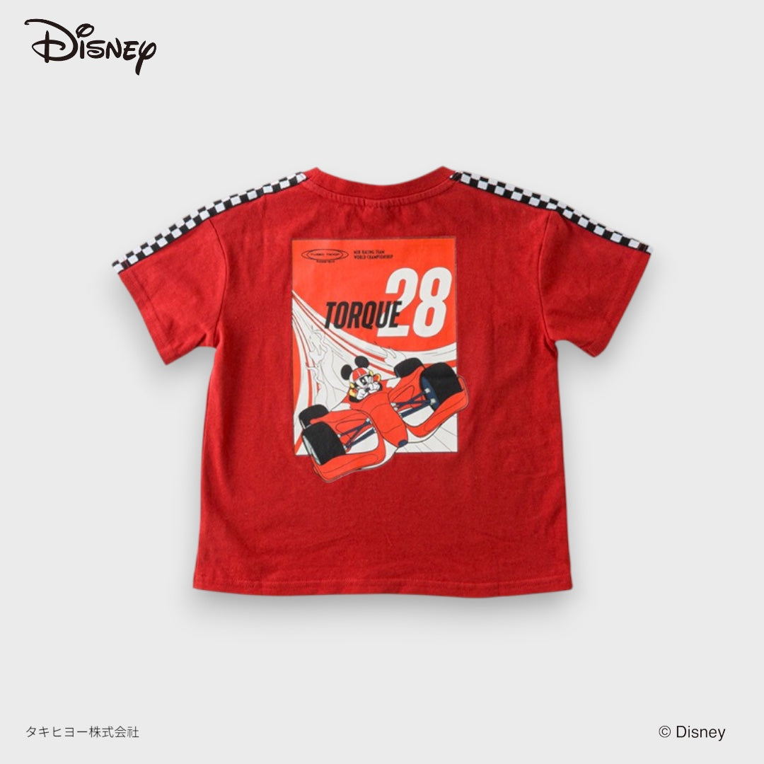 Kids (Size 110-130) Disney Mickey Mouse Kids Red Racing T-Shirt Checkerboard Shoulder Graphic Tee