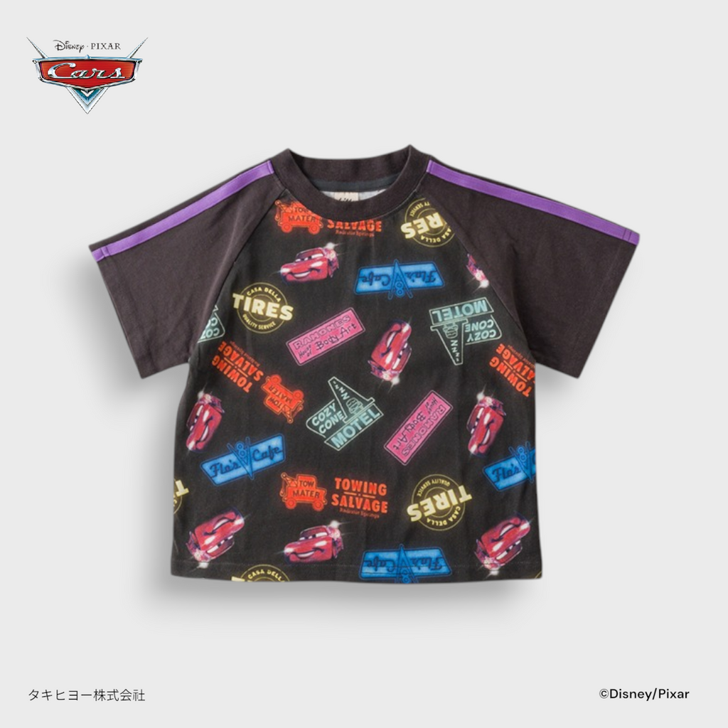 Kids (Size 110-130) Disney Pixar Cars T-shirt – Black Neon Sign All-over Print