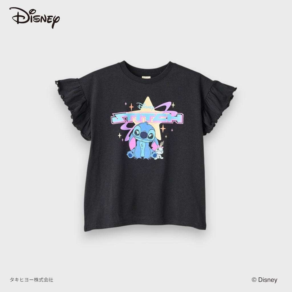 Kids (Size 110-130) Kids Disney Stitch T-Shirt – Black Graphic Tee With Ruffle Sleeves
