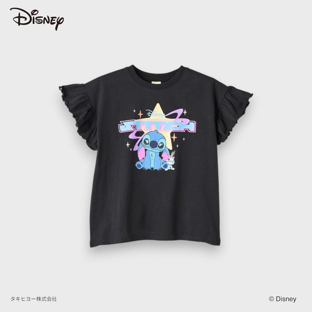 Kids (Size 110-130) Kids Disney Stitch T-Shirt – Black Graphic Tee With Ruffle Sleeves