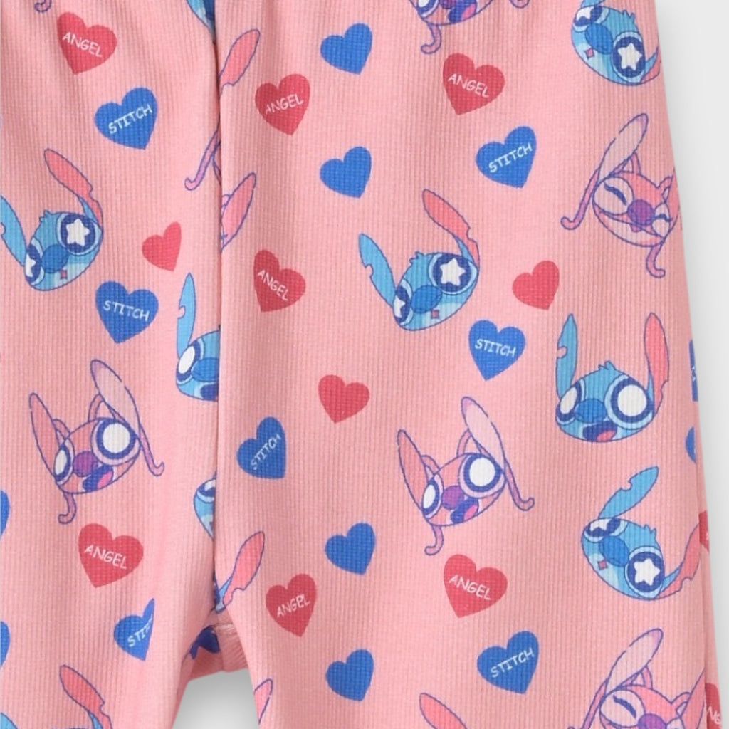 Kids (Size 110-130) Disney Stitch & Angel Biker Shorts – Pink Ribbed All-Over Print Short Leggings
