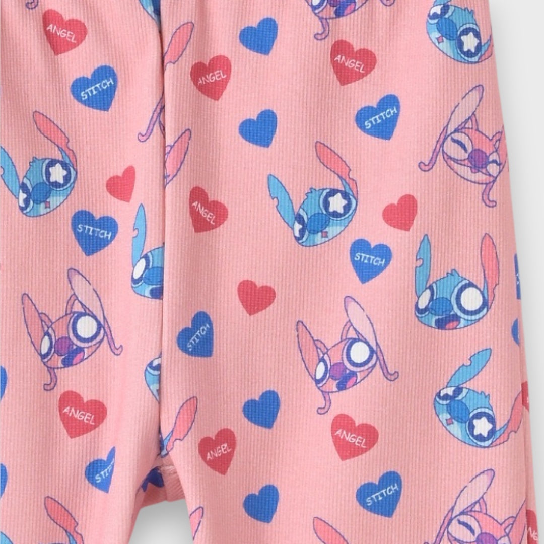 Kids (Size 110-130) Disney Stitch & Angel Biker Shorts – Pink Ribbed All-Over Print Short Leggings