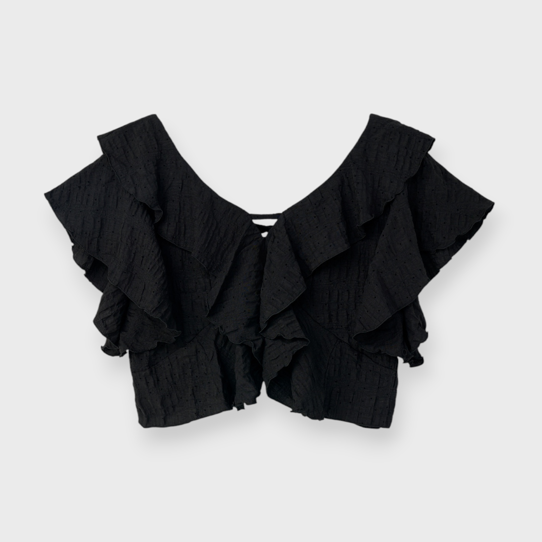 LADIES SHIRRED POLKA DOT FRILL BLOUSE