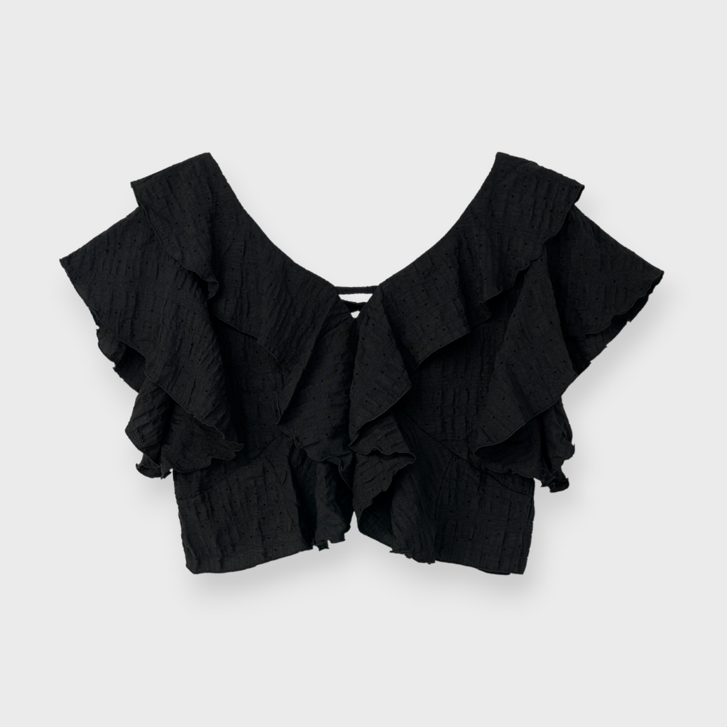 LADIES SHIRRED POLKA DOT FRILL BLOUSE