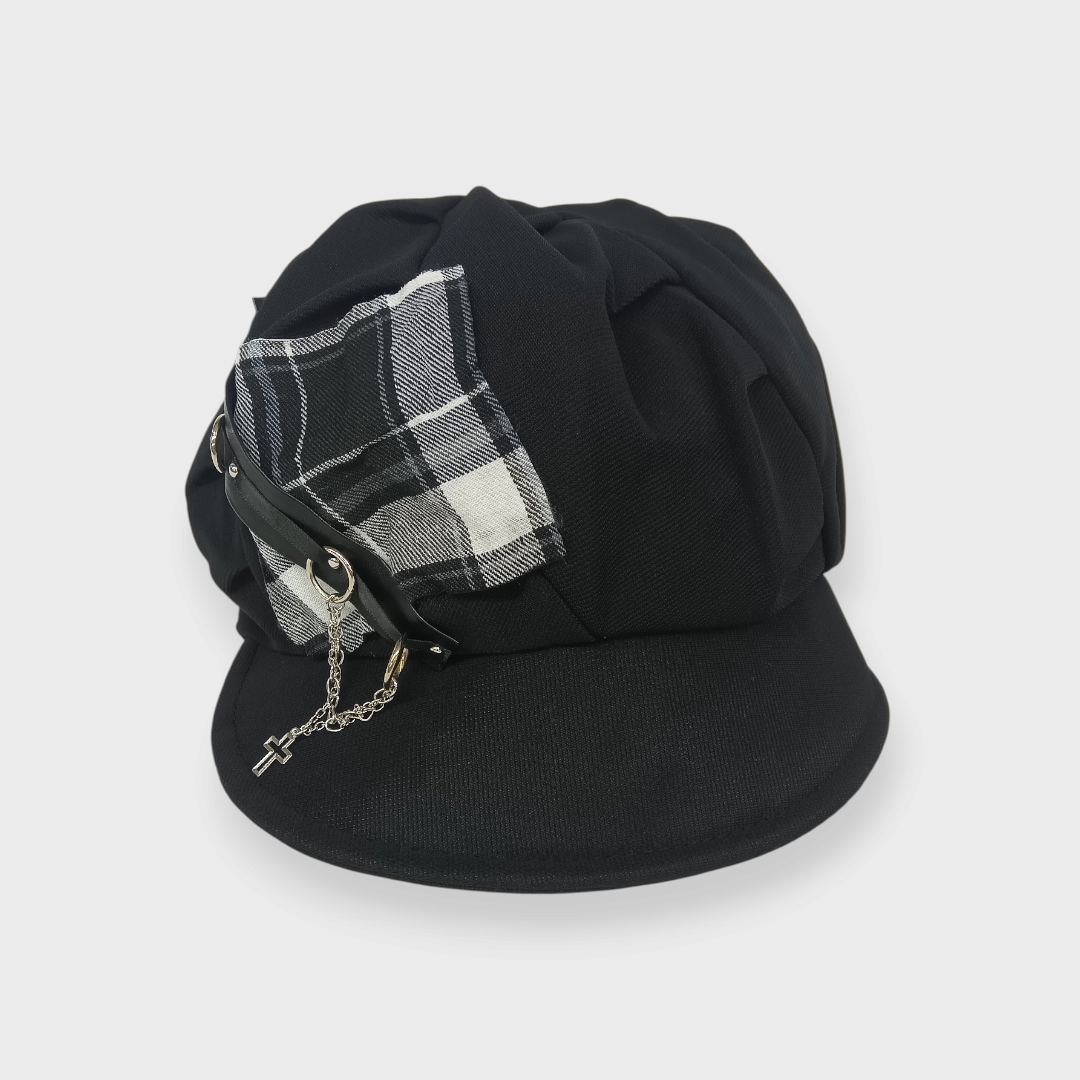 WOMEN'S PLEATED CHECK-DETAIL BAKER BOY CAP WITH CROSS CHARM (57.5 CM)