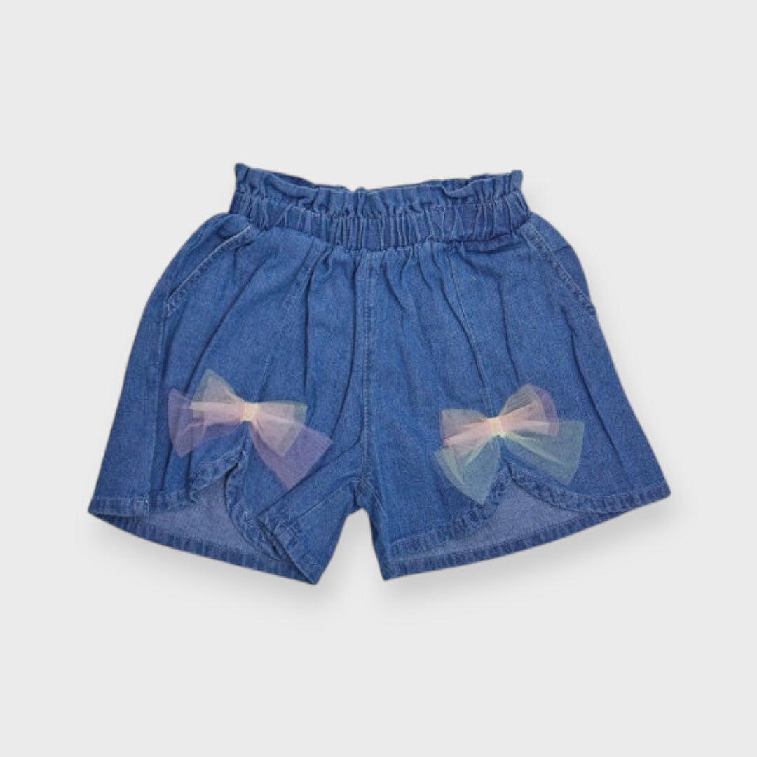 Baby Denim Shorts with Rainbow Bows – Soft, Stretchy & Super Cute! 🌈