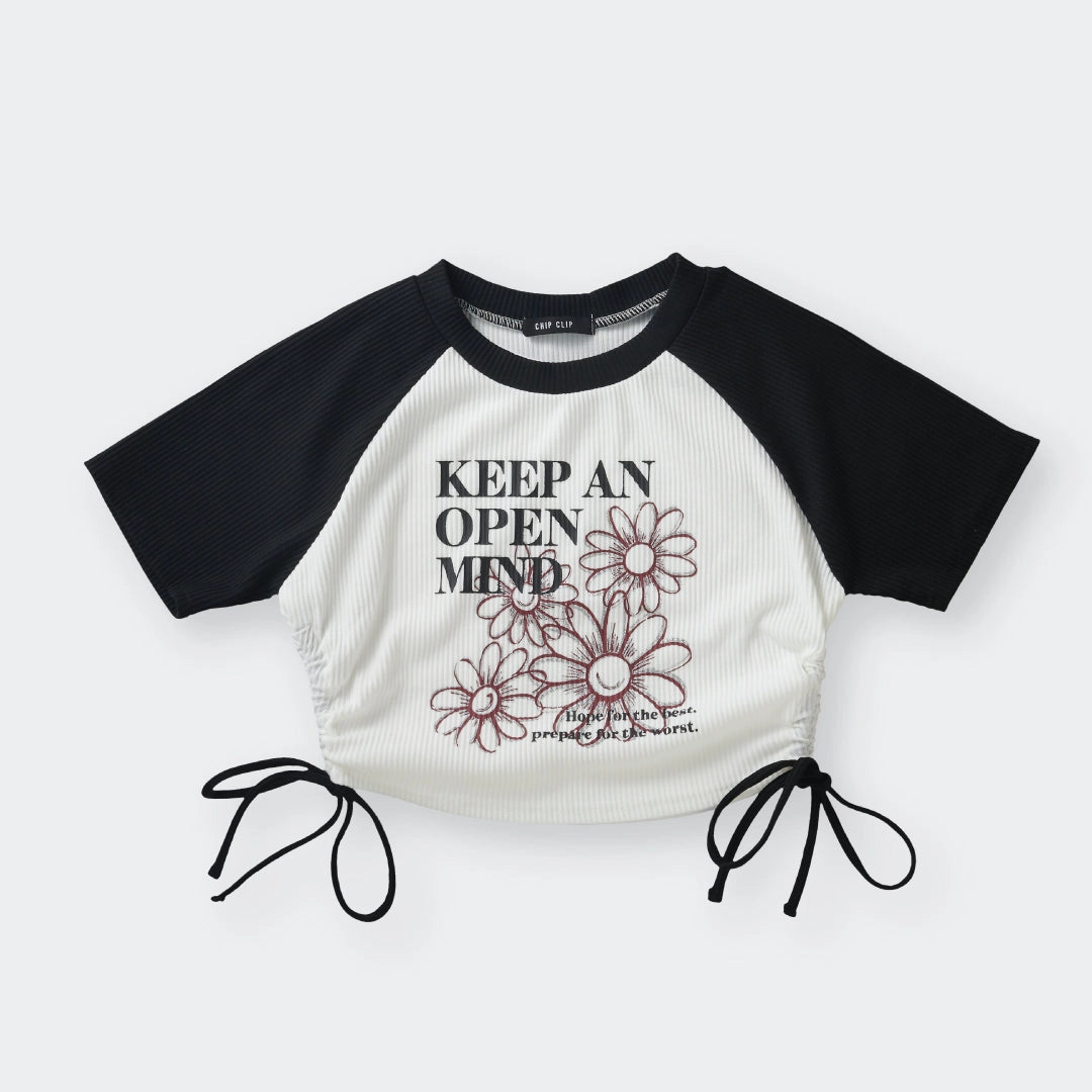Keep An Open Mind Crop Top – “Open-hearted but Not That Open” Edition 🌼 Cute Daisy Print in Black & White - SKU S287500000024001001 - Image 1