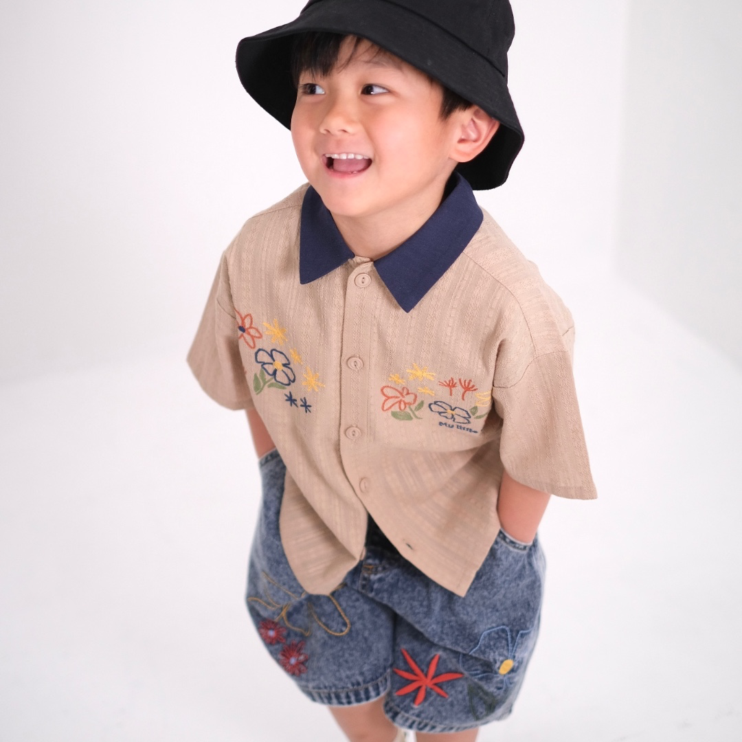 BICOLOR COLLAR FLOWER EMBROIDERY SHIRT (130CM）