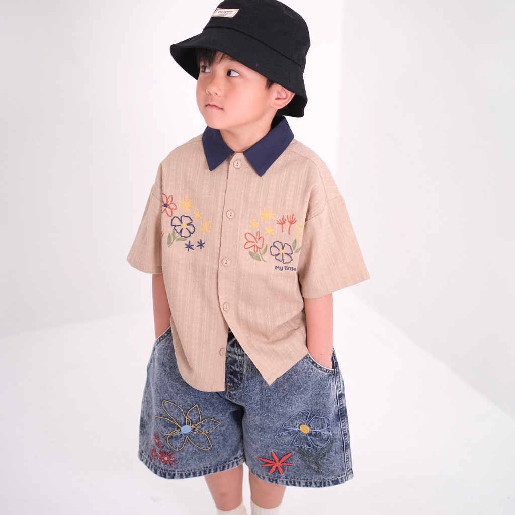BICOLOR COLLAR FLOWER EMBROIDERY SHIRT (90CM）
