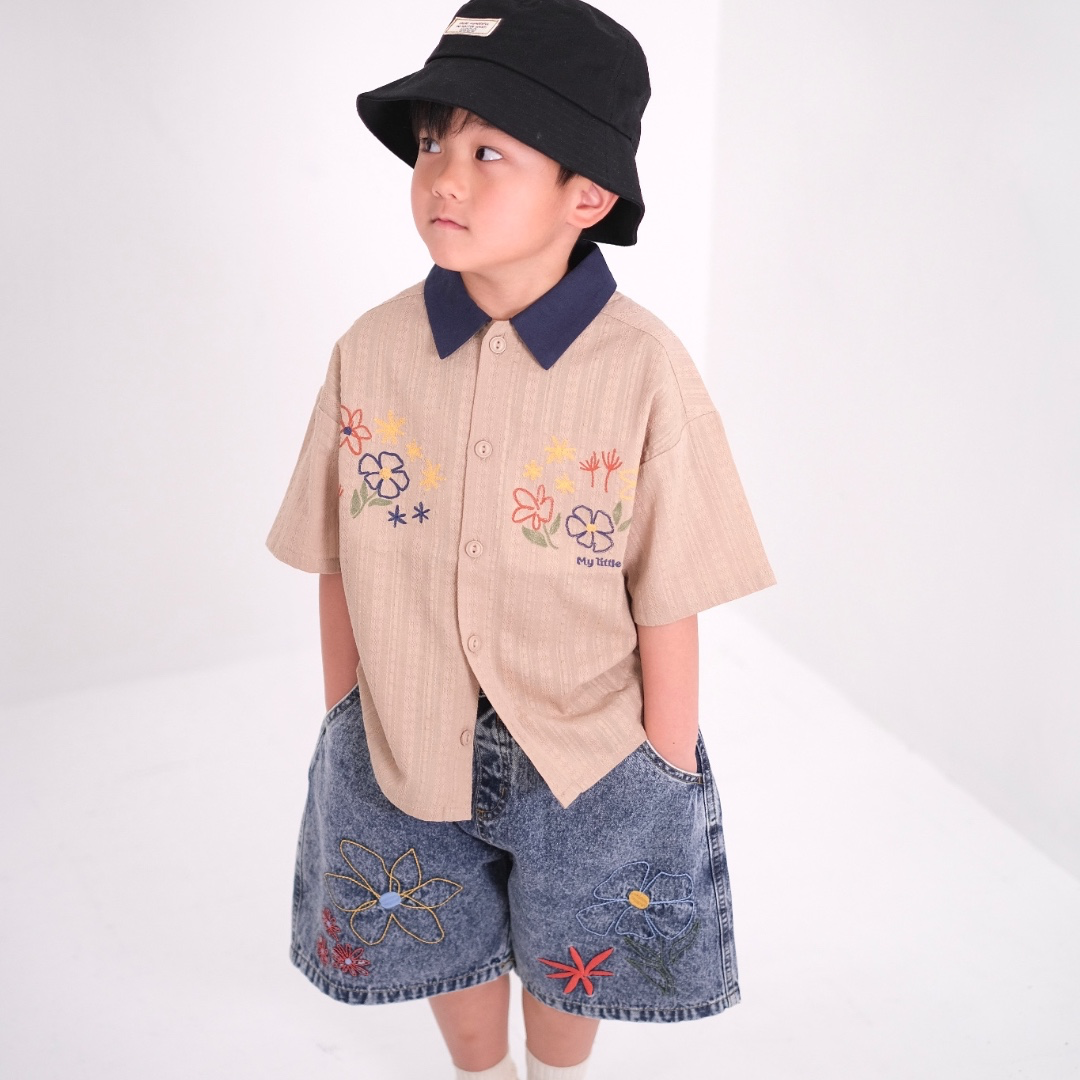 BICOLOR COLLAR FLOWER EMBROIDERY SHIRT (130CM）