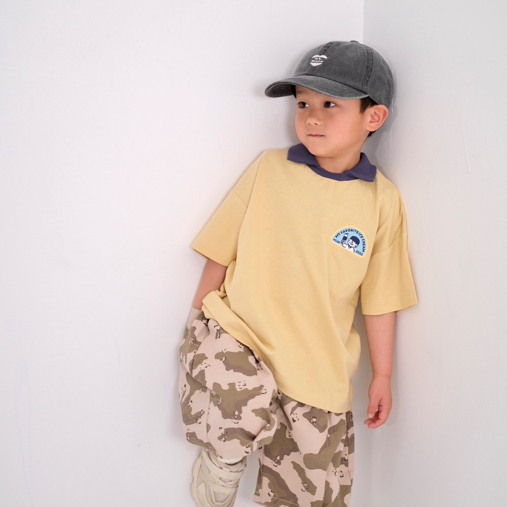 CHEST PATCH CONTRAST-COLLAR T-SHIRT (130CM）