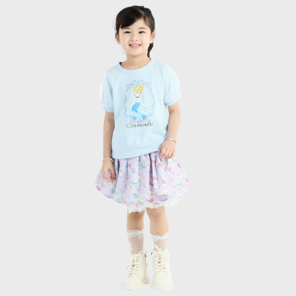 Kids (Size 90-100) เสื้อยืดเด็กหญิง Disney Princess ลาย Cinderella สีฟ้าพาสเทล แขนพองฟรุ้งฟริ้ง
