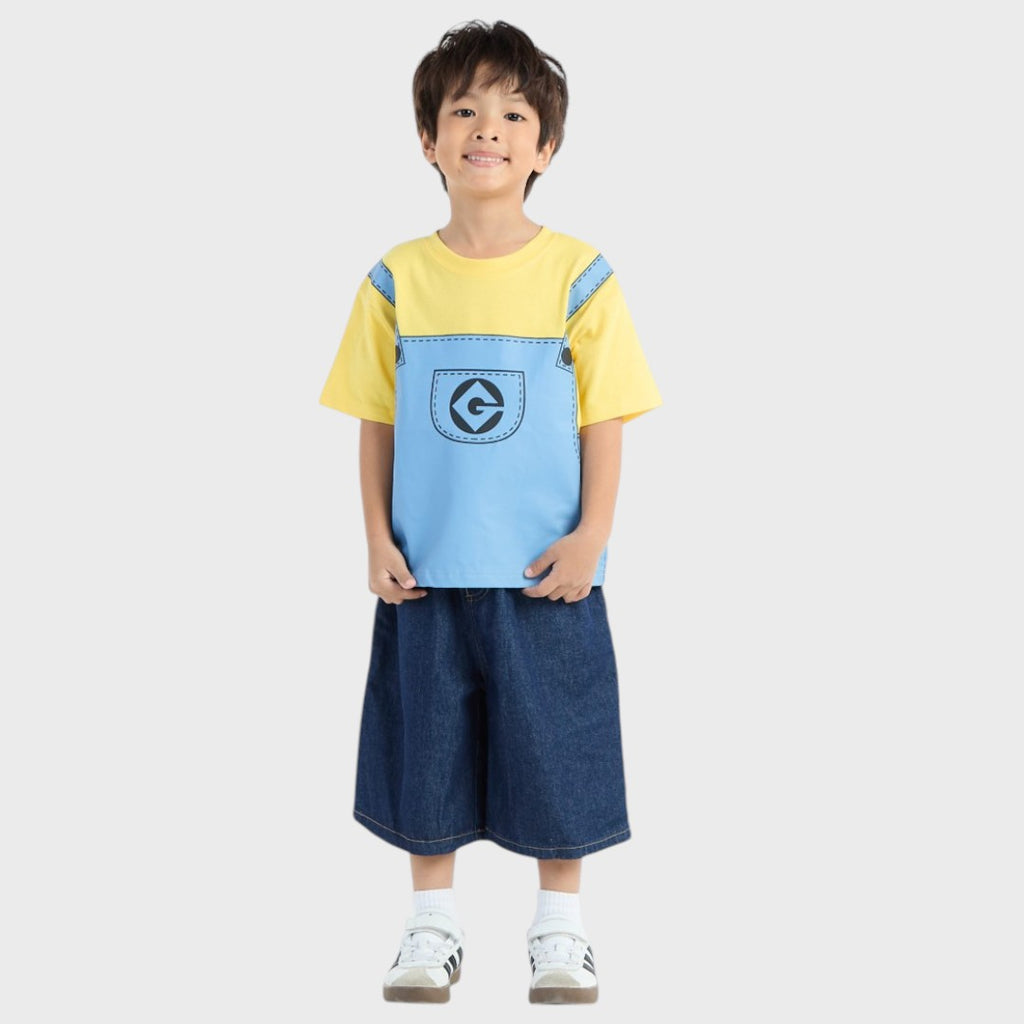 KIDS (SIZE 110-130) MINIONS OVERALL-PRINT T-SHIRT YELLOW & BLUE