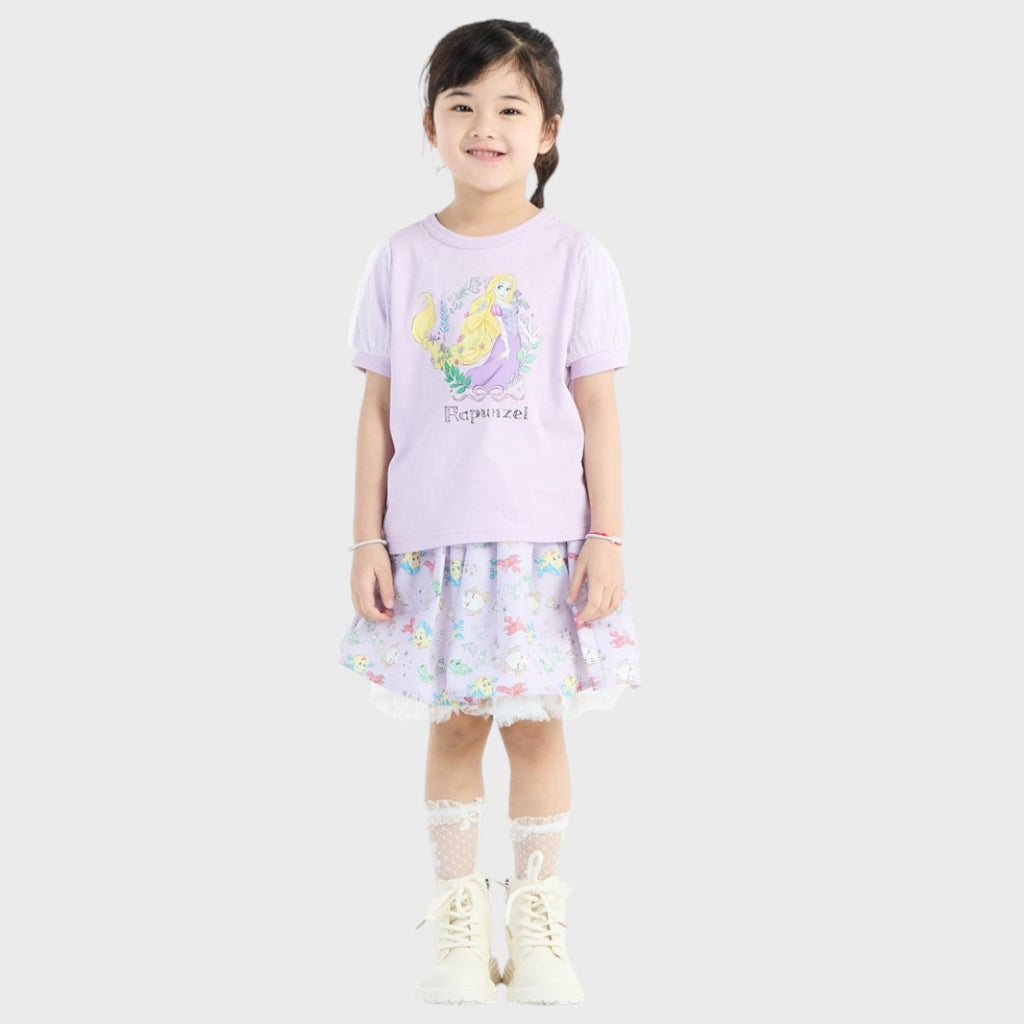 Kids (Size 90-100) เสื้อยืดเด็กหญิง Disney Princess ลาย Rapunzel สีม่วงพาสเทล แขนพองฟูฟ่อง