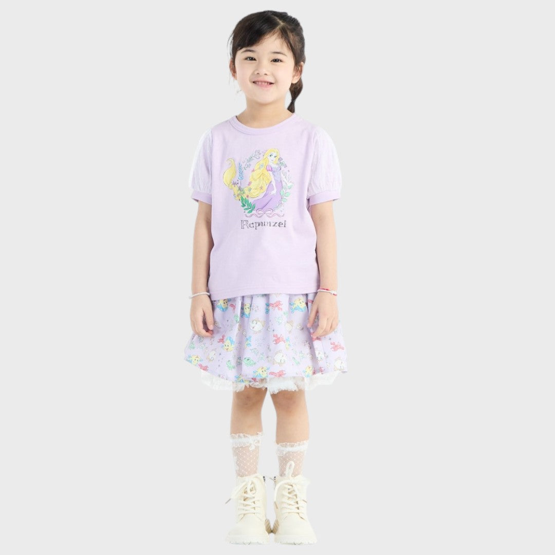 Kids (Size 90-100) เสื้อยืดเด็กหญิง Disney Princess ลาย Rapunzel สีม่วงพาสเทล แขนพองฟูฟ่อง