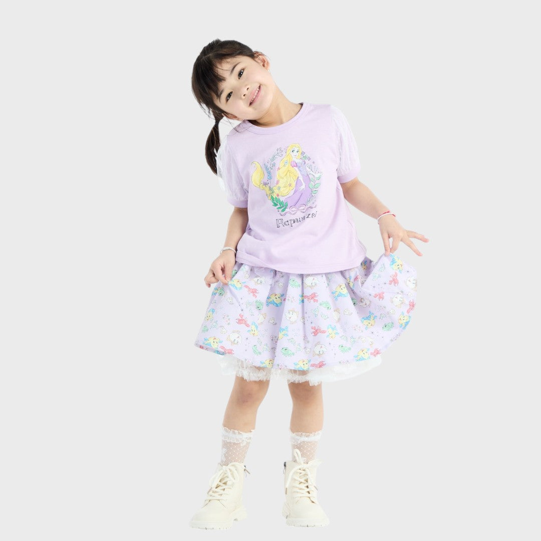 Kids (Size 90-100) เสื้อยืดเด็กหญิง Disney Princess ลาย Rapunzel สีม่วงพาสเทล แขนพองฟูฟ่อง
