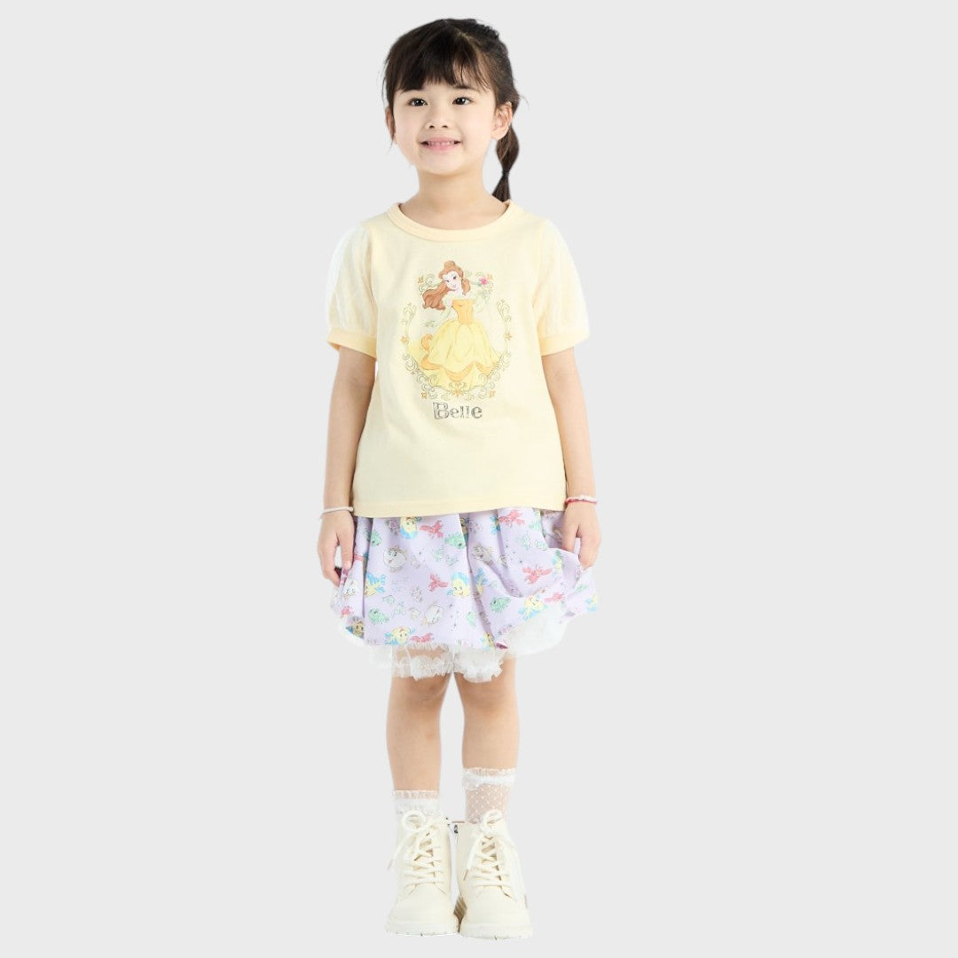 Kids (Size 110-130)  เสื้อยืดเด็กแขนพองสีเหลือง ลาย Belle เจ้าหญิงชุดเหลืองสดใส