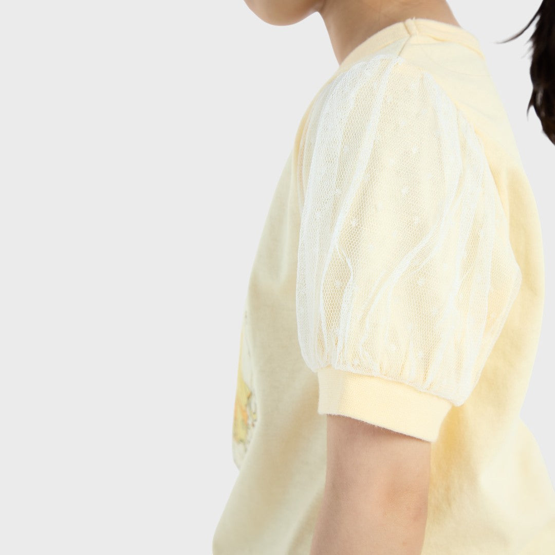Kids (Size 110-130)  เสื้อยืดเด็กแขนพองสีเหลือง ลาย Belle เจ้าหญิงชุดเหลืองสดใส