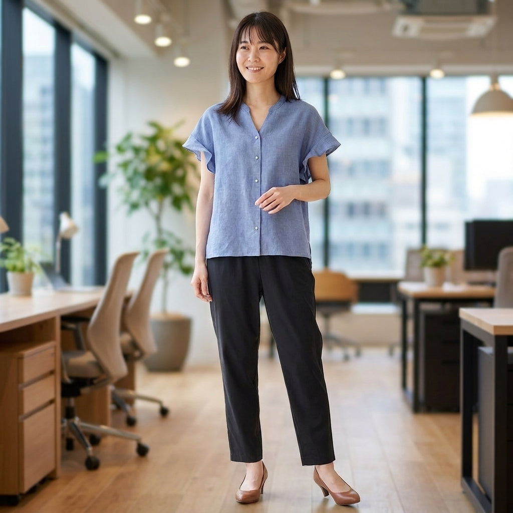 LADIES LINEN-LIKE RUFFLE SLEEVE BLOUSE