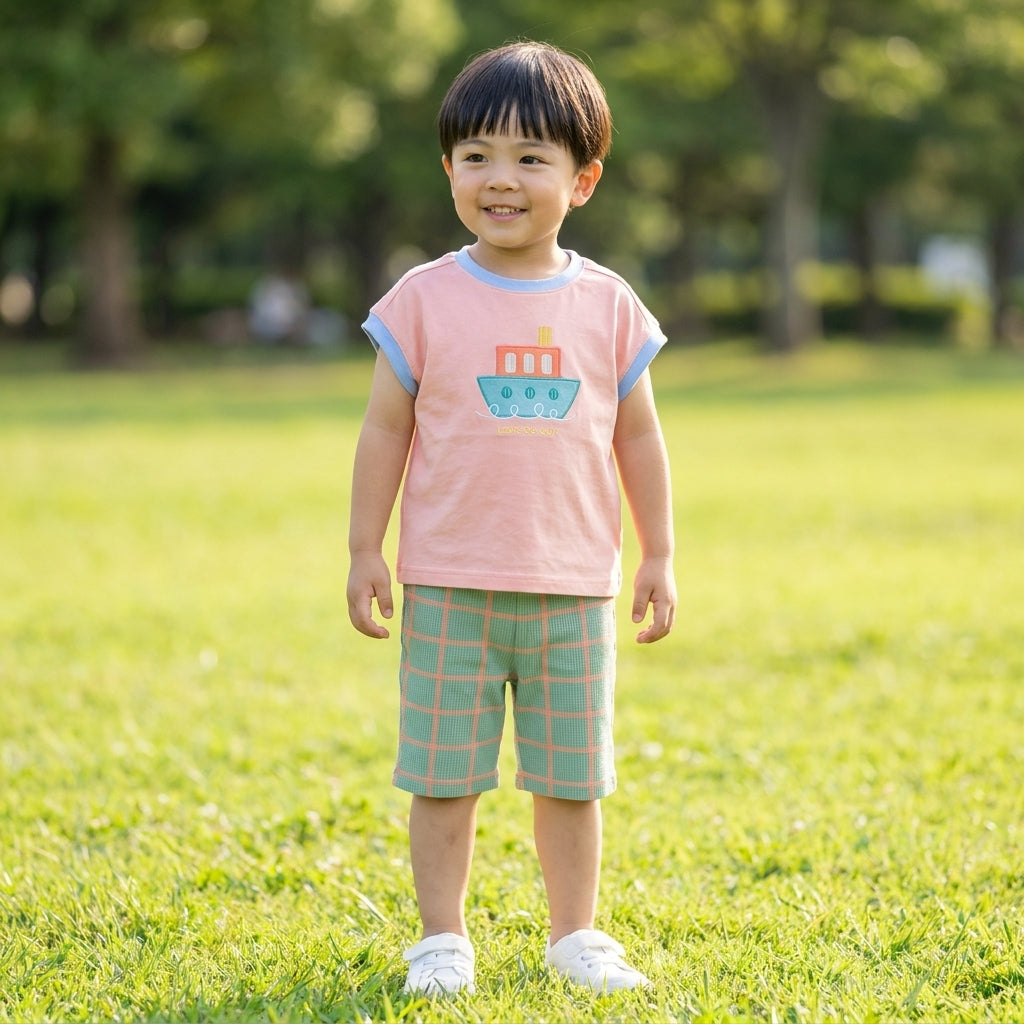 KIDS VEHICLE T-SHIRT & CHECKERED SHORTS SET (100–120CM)