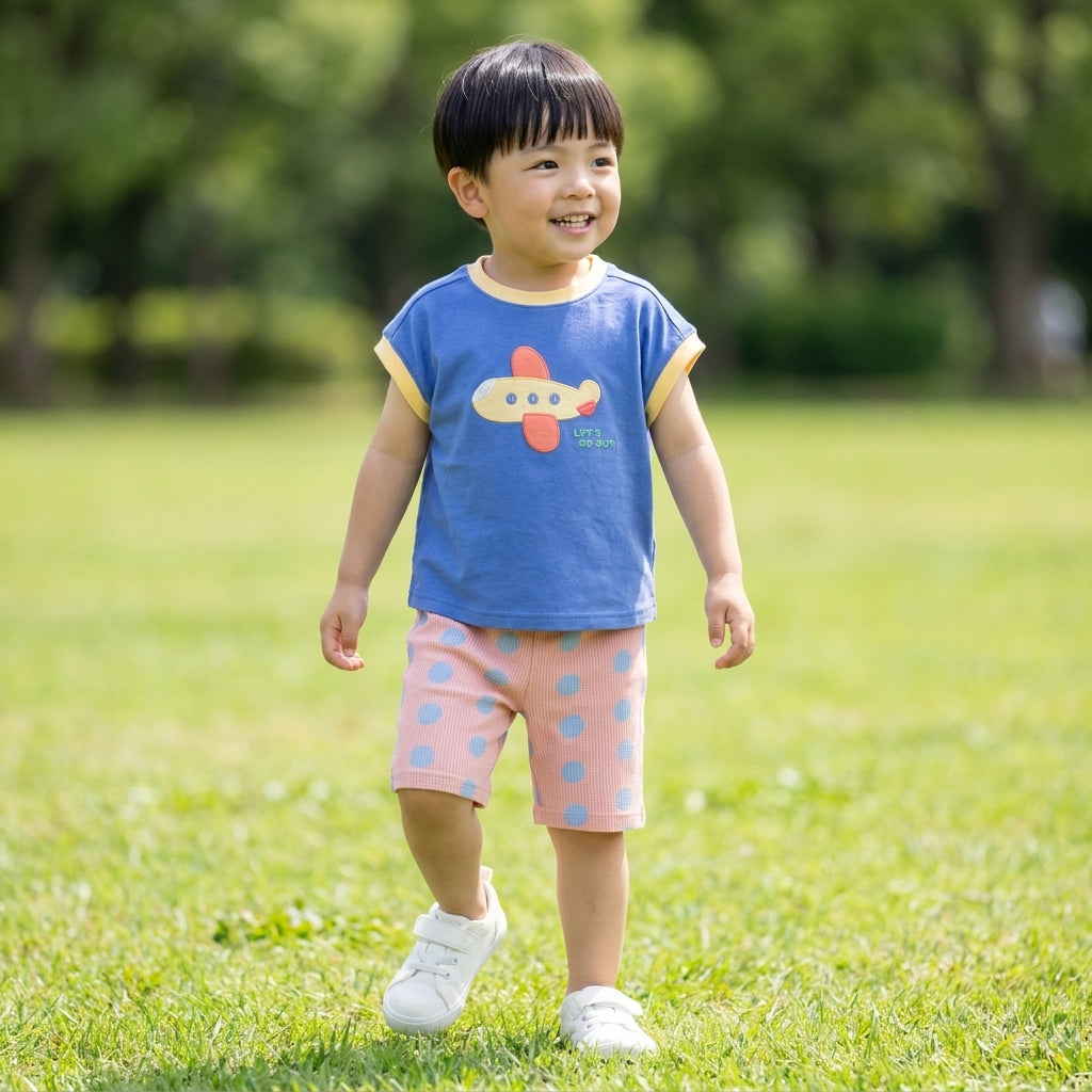 KIDS AIRPLANE T-SHIRT & POLKA DOT SHORTS SET (100–120CM)
