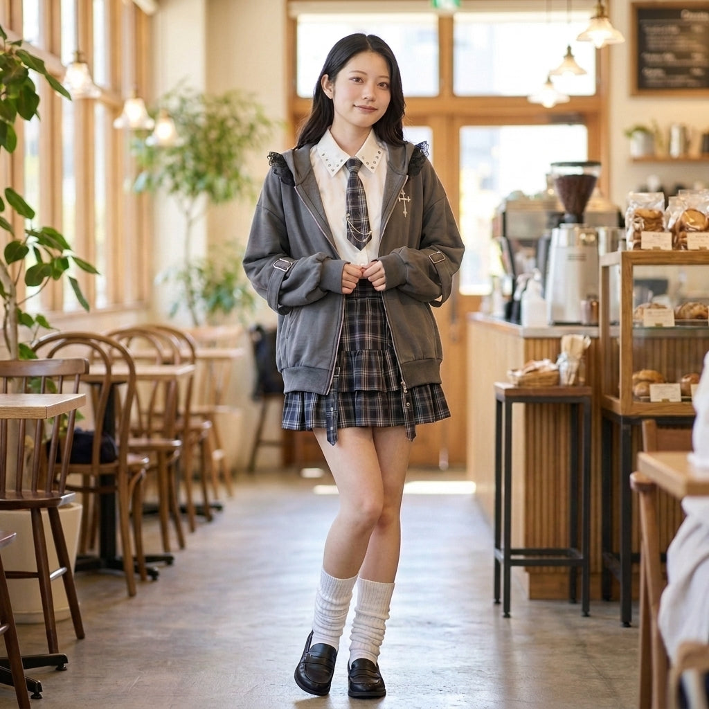 Majoretty - เสื้อฮู้ดซิปหน้าลายไม้กางเขนสุดเท่ พร้อมฮู้ดลูกไม้สายดาร์กคิวท์