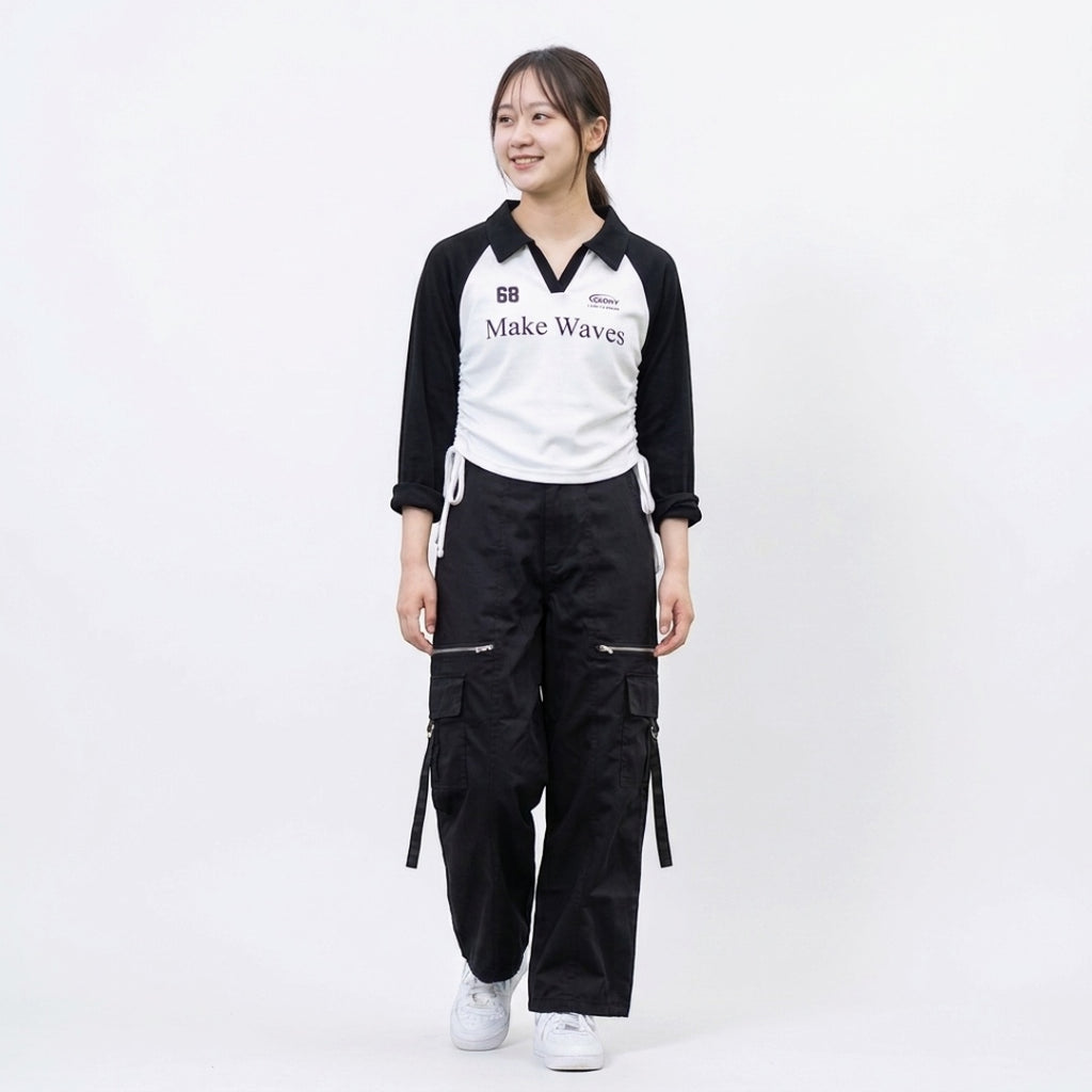 WOMEN’S MAKE WAVES CONTRAST RAGLAN LONG SLEEVE POLO TOP WITH SIDE RUCHING