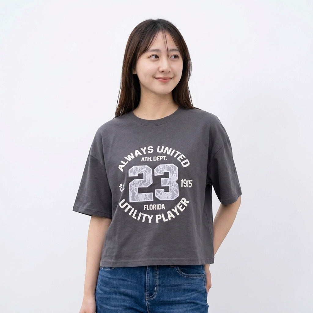 WOMEN’S ALWAYS UNITED 23 LACE APPLIQUÉ COLLEGE GRAPHIC CROPPED T-SHIRT