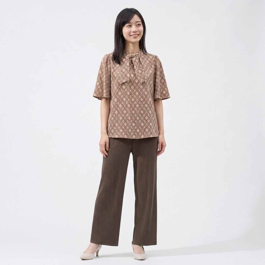 WOMEN'S CHECKED BOW-TIE BLOUSE WITH FLARED SLEEVES