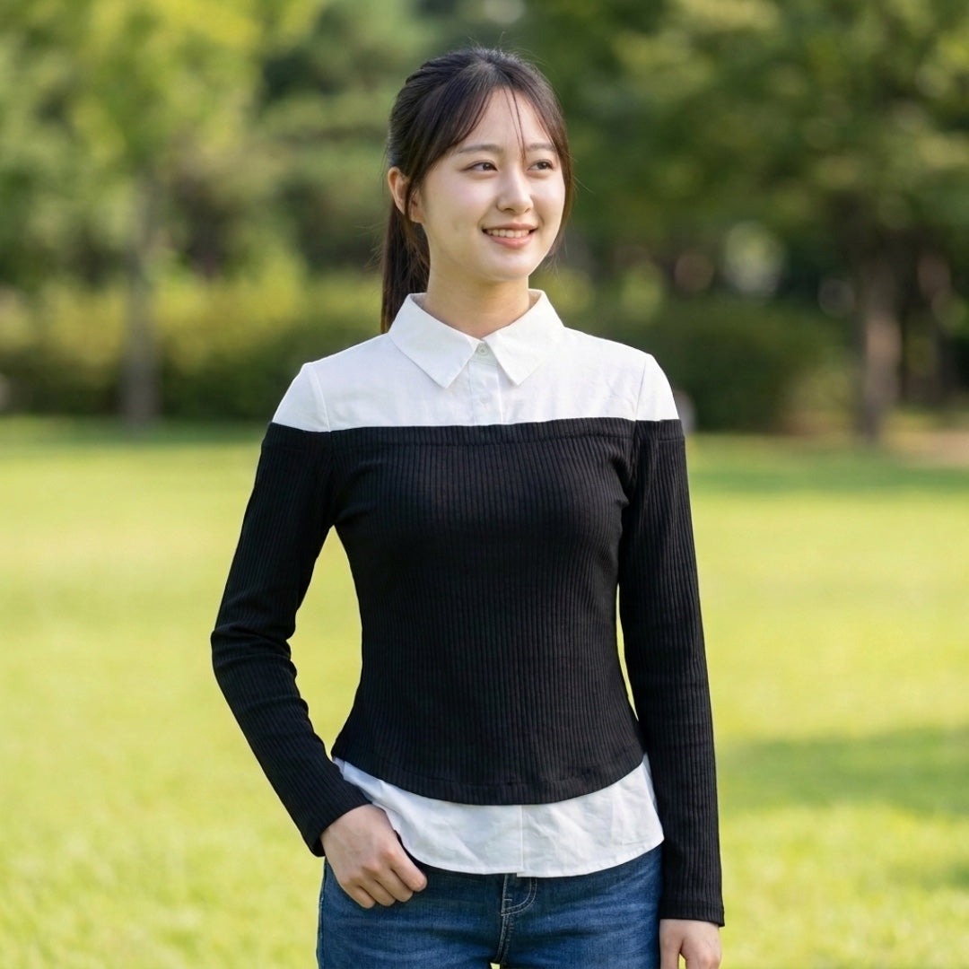WOMEN’S FAUX LAYERED RIBBED LONG SLEEVE TOP
