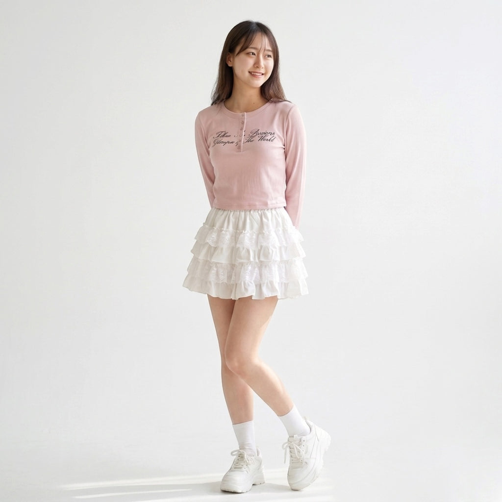 WOMEN’S LACE TRIM TIERED RUFFLE MINI SKIRT