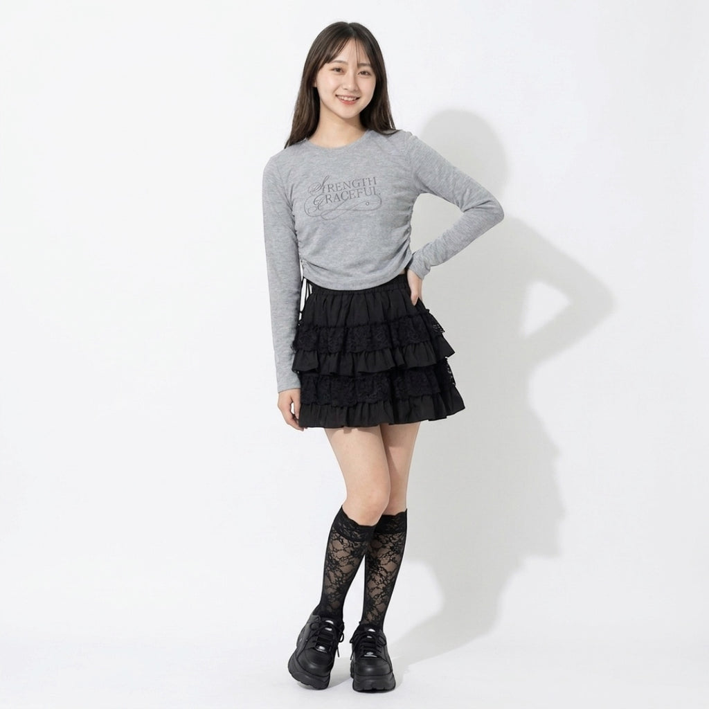 WOMEN’S LACE TRIM TIERED RUFFLE MINI SKIRT