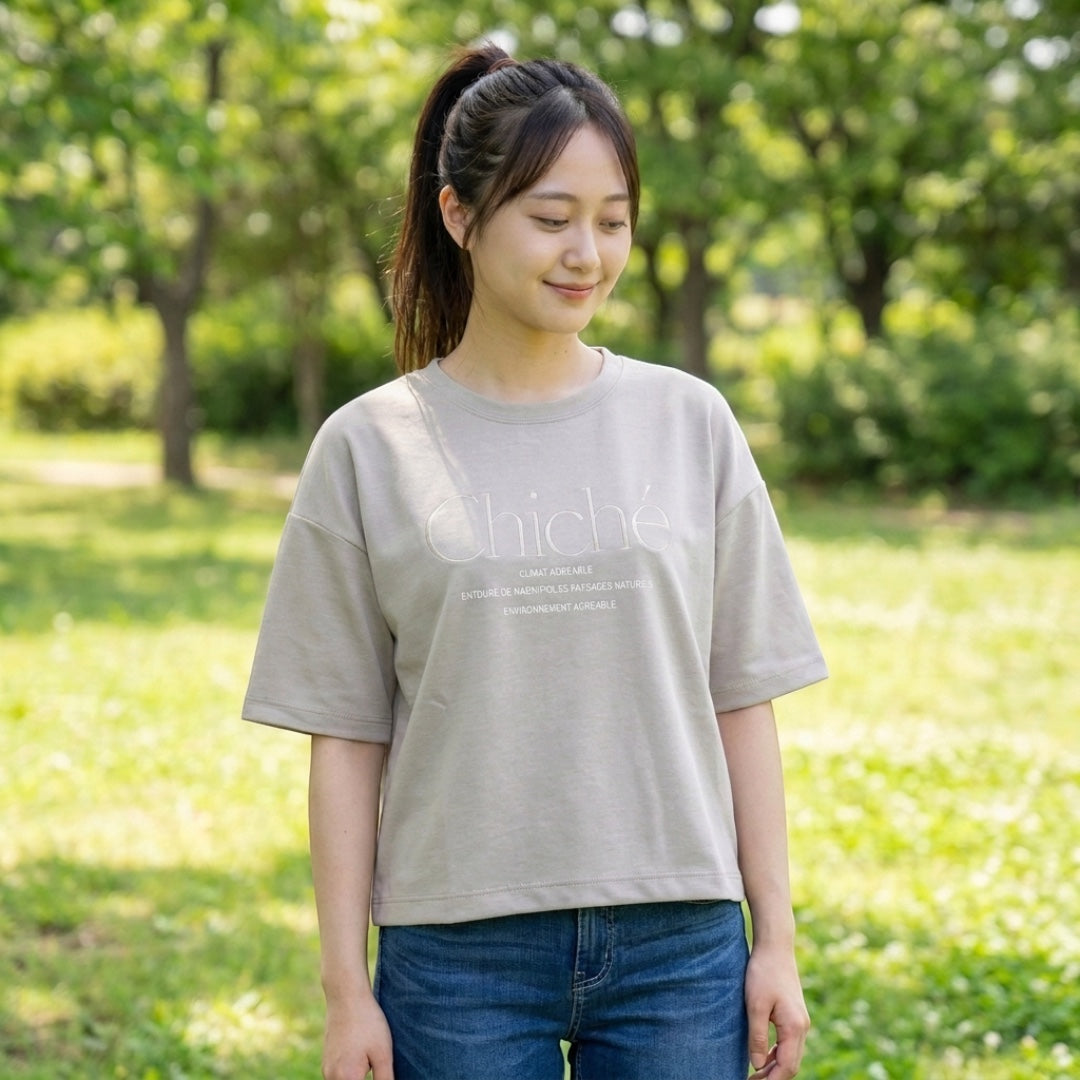 WOMEN’S CHICHÉ EMBROIDERED LOGO OVERSIZED SHORT SLEEVE T-SHIRT GRAY