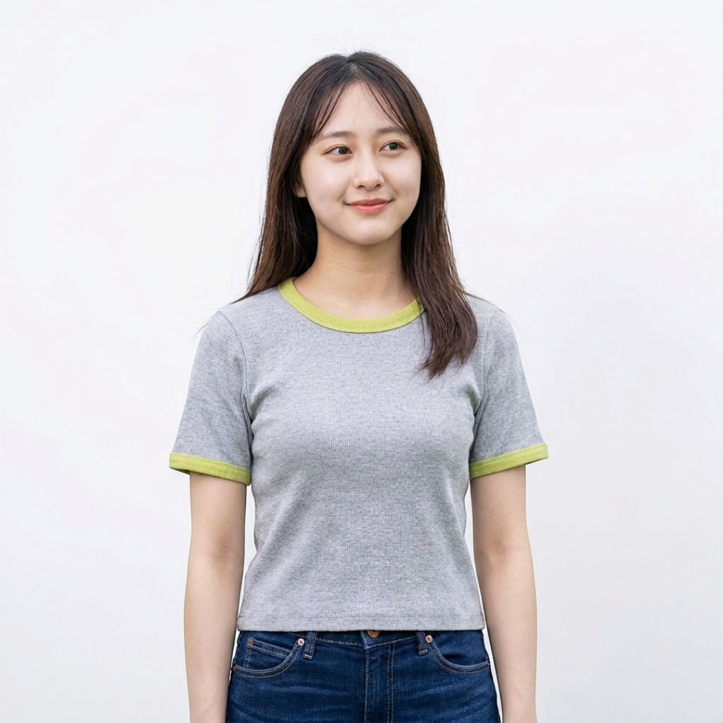 WOMEN’S CONTRAST TRIM RIBBED SHORT SLEEVE T-SHIRT GRAY GREEN