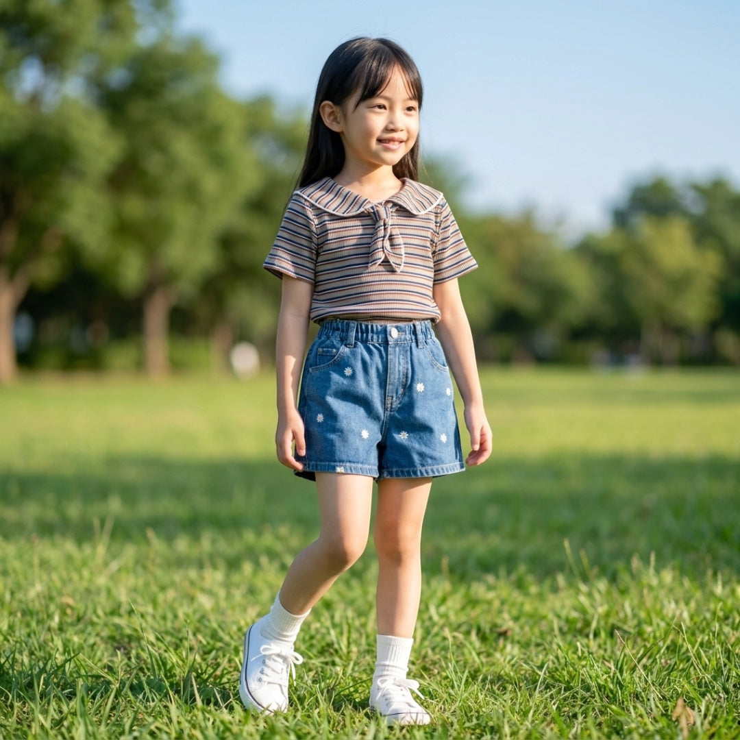 KIDS  STRIPED RIBBED TIE-DETAIL SHORT-SLEEVE TOP (100-120CM)