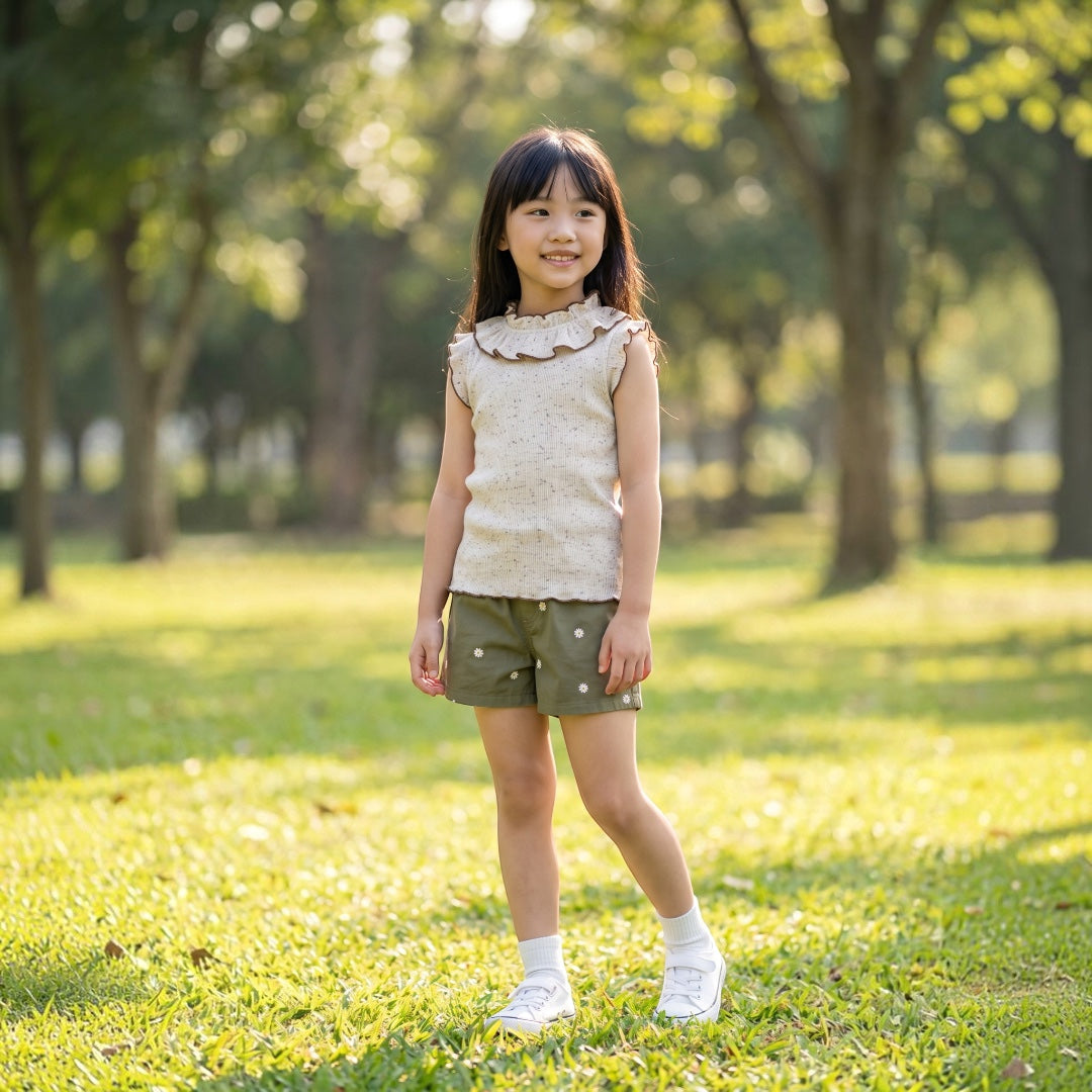 KIDS  COLOR-NEP RIBBED LETTUCE-EDGE SLEEVELESS TOP (100-120CM)