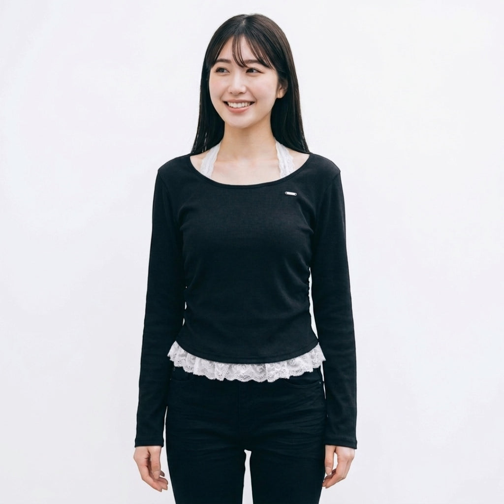 WOMEN'S LACE-HEM LONG-SLEEVE PULLOVER