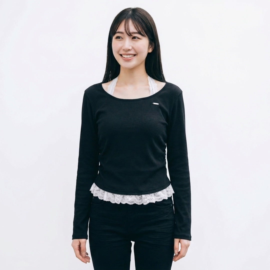 WOMEN'S LACE-HEM LONG-SLEEVE PULLOVER