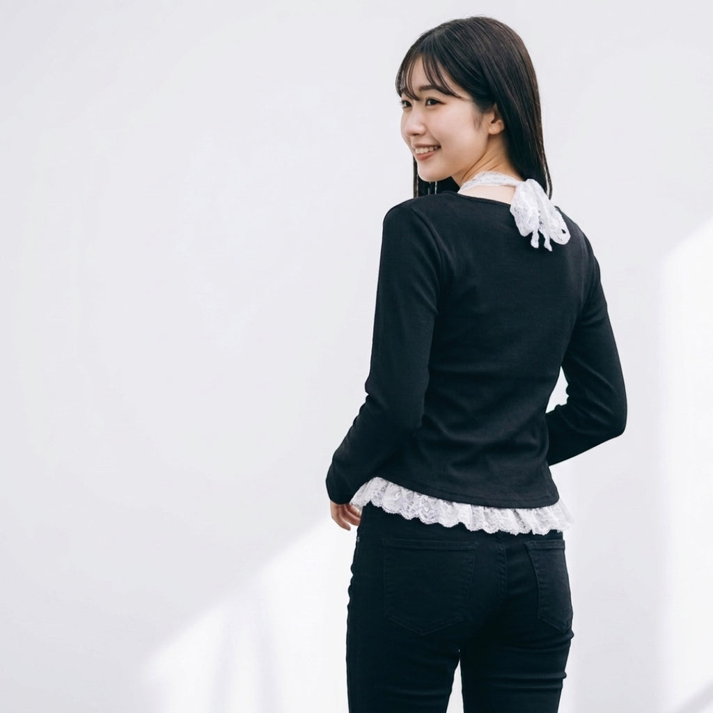 WOMEN'S LACE-HEM LONG-SLEEVE PULLOVER